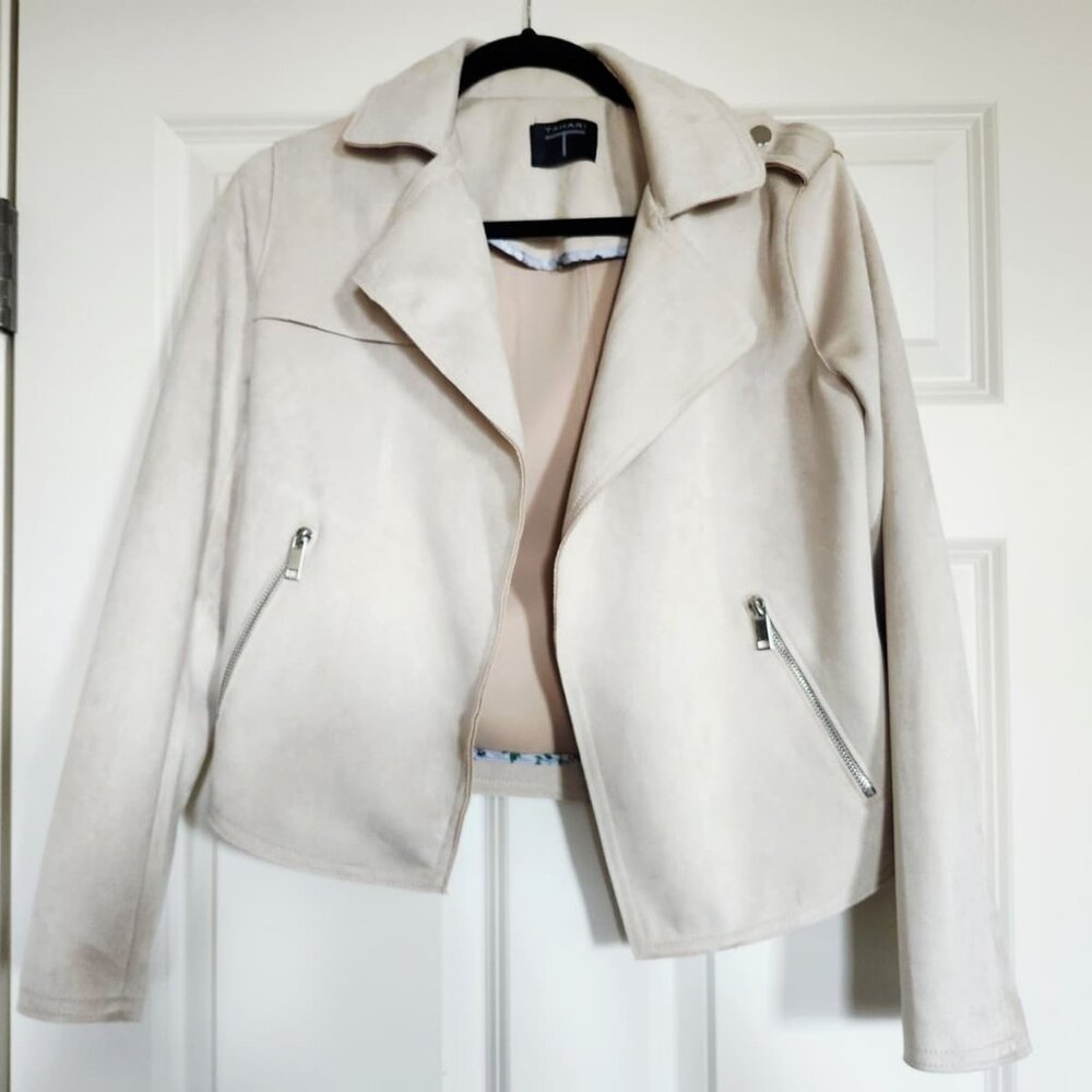 T Tahari Faux Suede Crop Moto Bone Jacket
